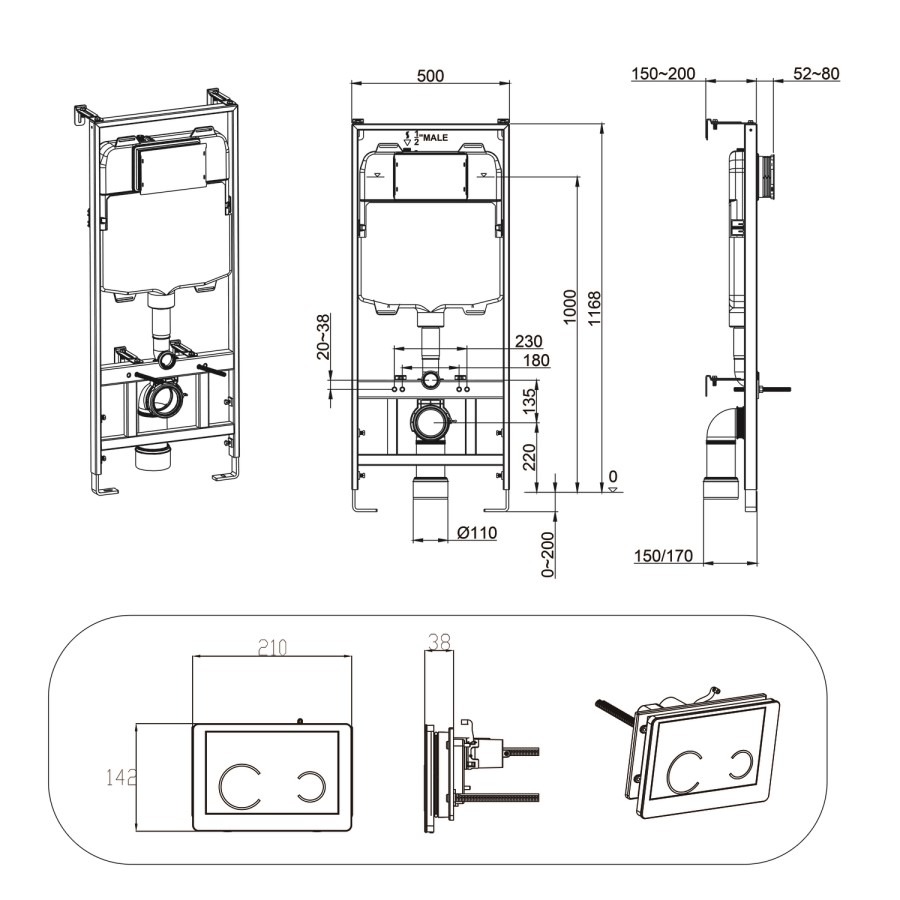 Matt White Wall Hung Rimless Toilet with Soft Close Seat White Glass Sensor Pneumatic Flush Plate 1170mm Frame & Cistern - Verona - Image 8