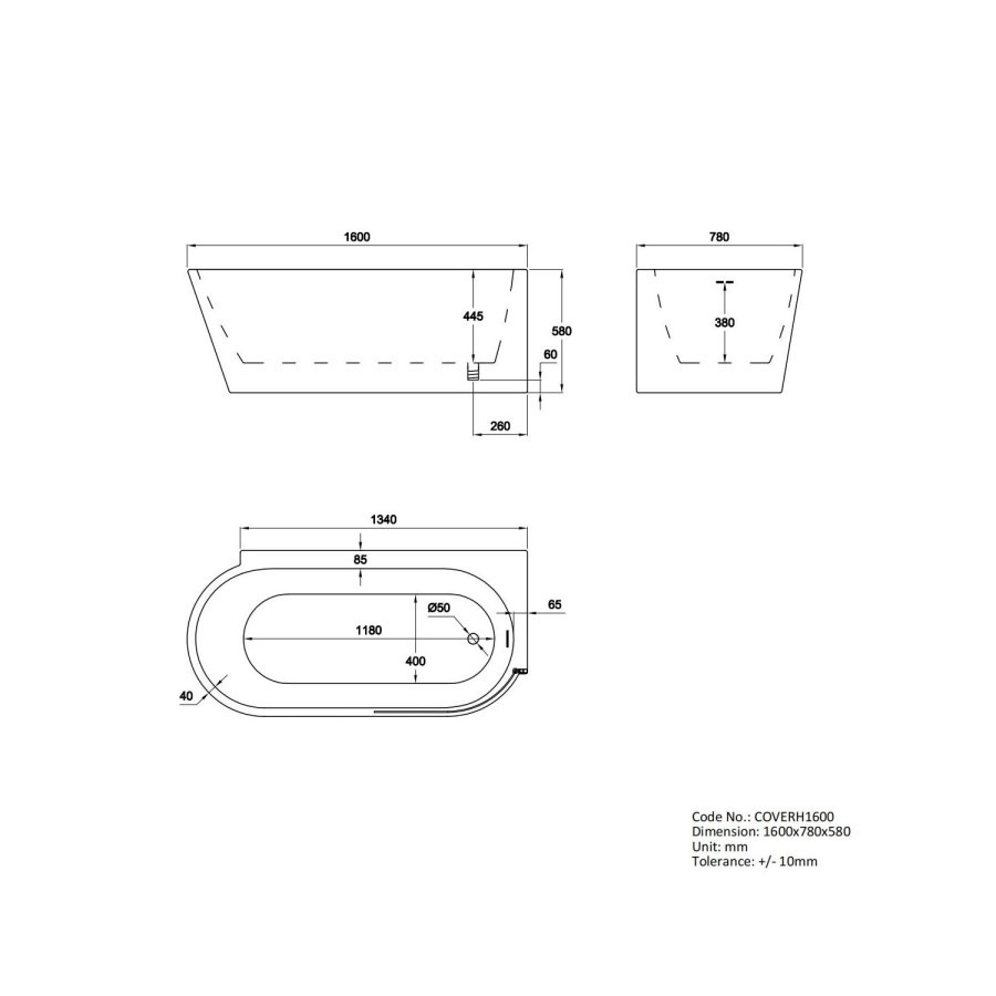 Freestanding Shower Bath Single Ended Right Hand Corner with Brass Bath Screen 1600 x 780mm - Cove - Image 8