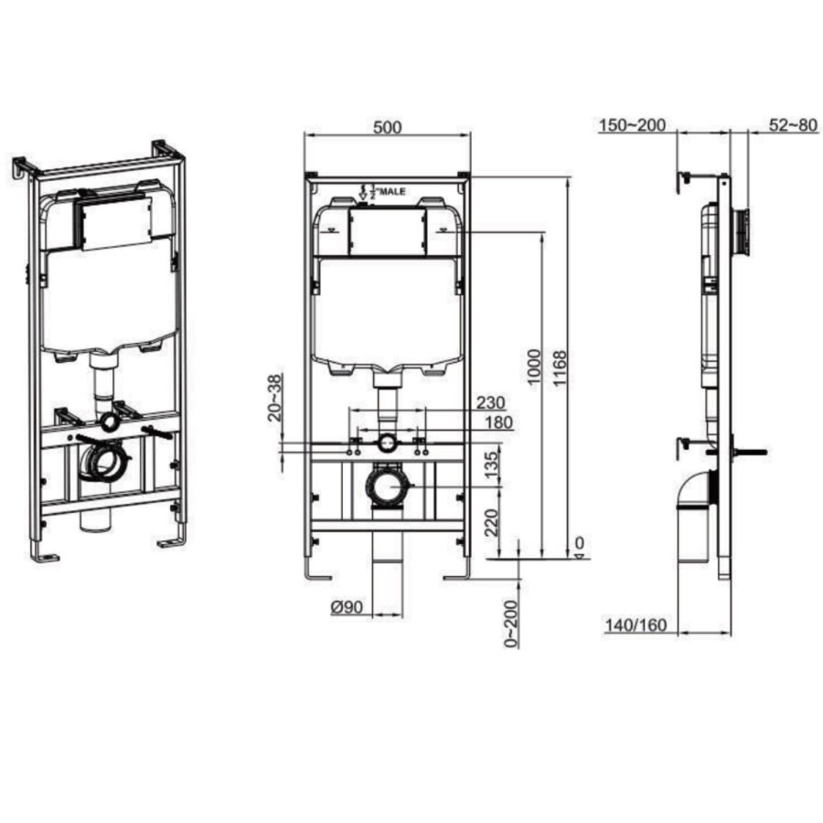 Matt White Wall Hung Rimless Toilet with Soft Close Seat, Matt Black Pneumatic Flush Plate, 1170mm Frame & Cistern - Newport - Image 8