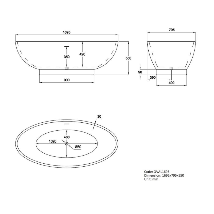 Freestanding Double Ended Bath 1695 x 795mm - Oval - Image 8
