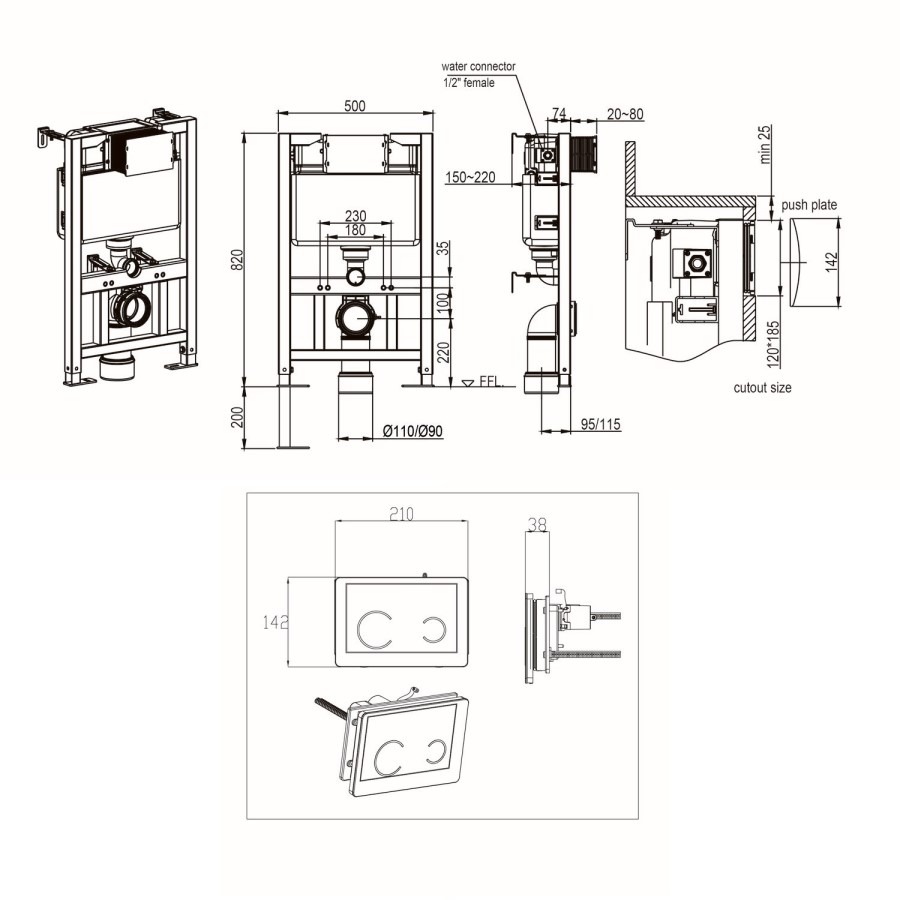 Matt White Wall Hung Rimless Toilet with Soft Close Seat White Glass Sensor Pneumatic Flush Plate 820mm Frame & Cistern - Verona - Image 9