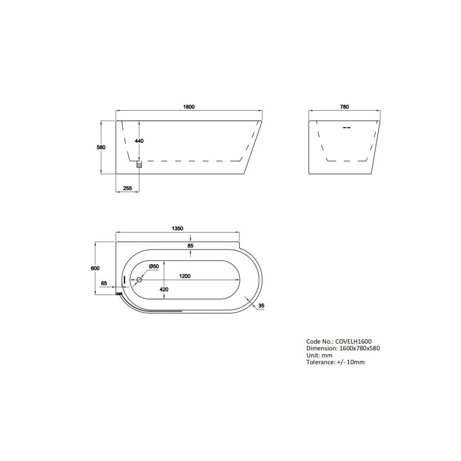 Freestanding Shower Bath Single Ended Left Hand Corner with Brass Bath Screen 1600 x 780mm - Cove - Image 9