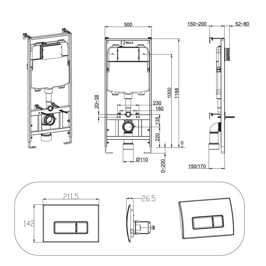 Indiana Wall Hung Toilet 1160mm Pneumatic Frame & Cistern & Black Flush Plate - Image 10