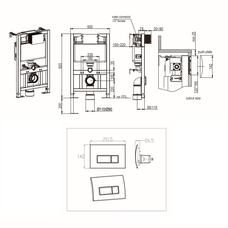 Wall Hung Toilet with Soft Close Seat Chrome Pneumatic Flush Plate 820mm Frame & Cistern - Boston - Image 12