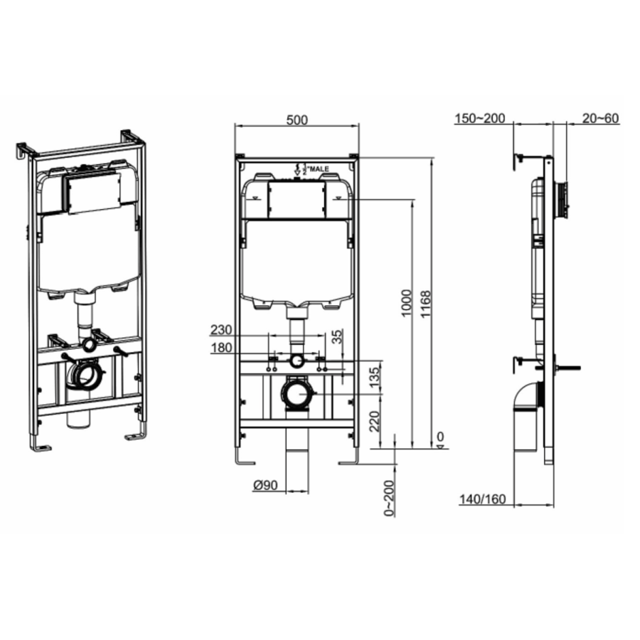 Indiana Wall Hung Toilet 1160mm Mechanical WC Frame & Cistern & Brushed Brass Mechanical Flush Plate - Image 12
