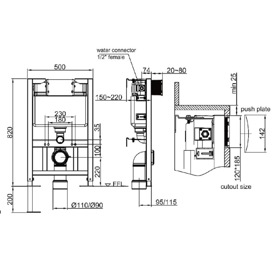 Fluted Wall Hung Toilet with Soft Close Seat, Brushed Brass Pneumatic Flush Plate, 820mm Frame & Cistern - Oregon - Image 12