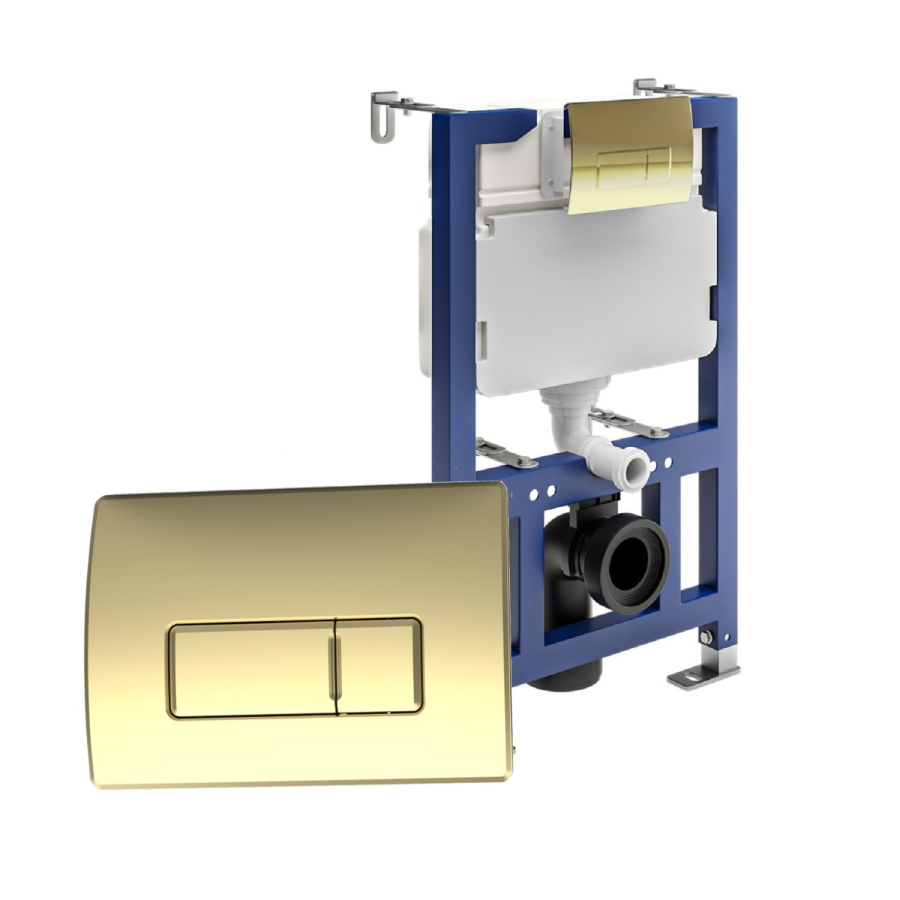 White Wall Hung Toilet with Soft Close Seat, Brushed Brass Pneumatic Flush Plate, 820mm Frame & Cistern - Roma - Image 12