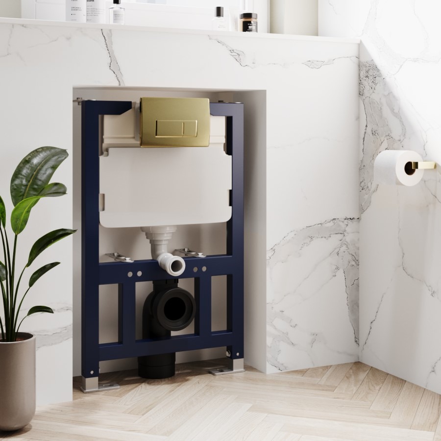 White Wall Hung Toilet with Soft Close Seat, Brushed Brass Pneumatic Flush Plate, 820mm Frame & Cistern - Roma - Image 13