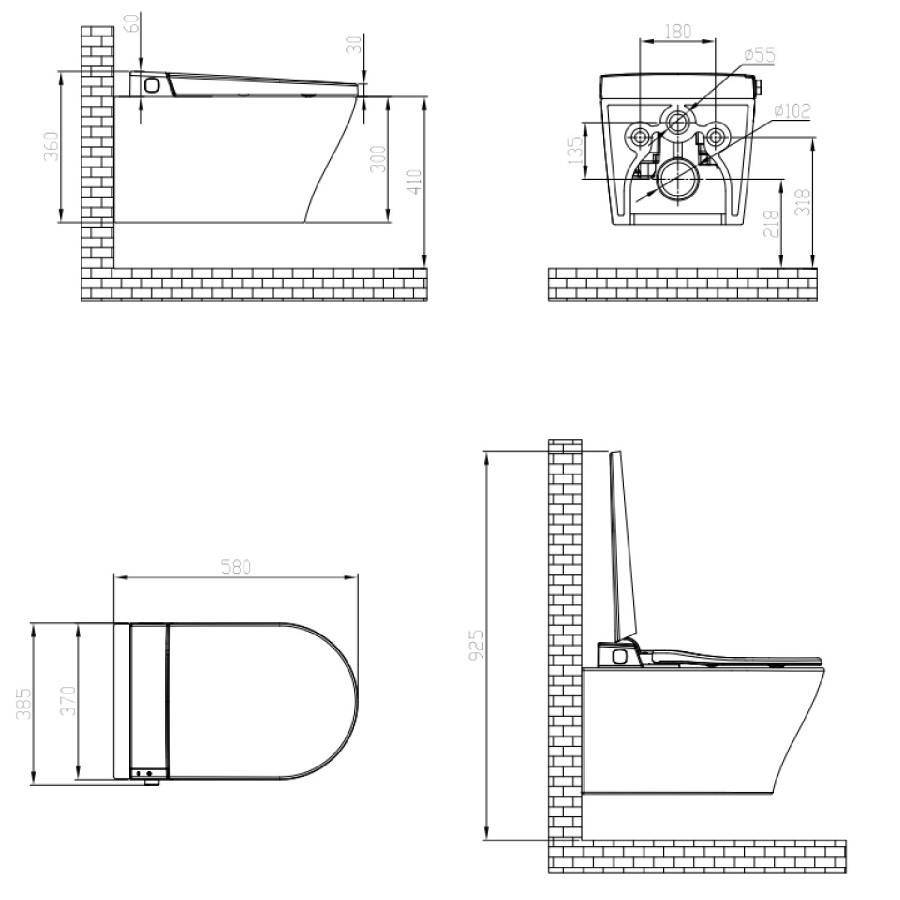 Wall Hung Smart Bidet Japanese Toilet with Heated Seat & 820mm Frame Cistern and Black Sensor Flush Plate - Purificare - Image 14