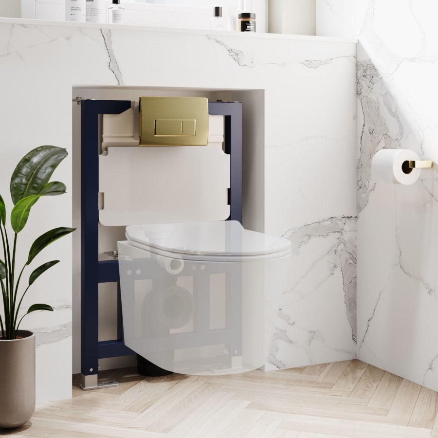 White Wall Hung Toilet with Soft Close Seat, Brushed Brass Pneumatic Flush Plate, 820mm Frame & Cistern - Roma - Image 14
