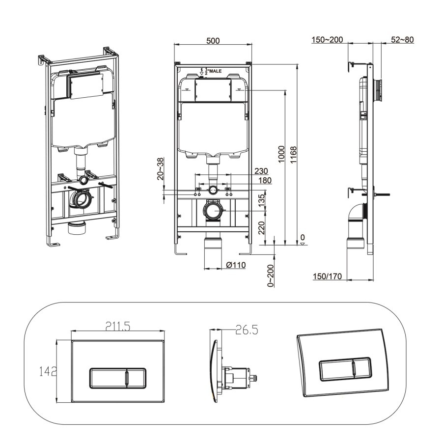 Wall Hung Smart Bidet Japanese Toilet & 1160mm Frame Cistern and Black Pneumatic Flush Plate - Purificare - Image 15
