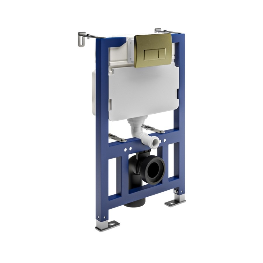 White Wall Hung Toilet with Soft Close Seat, Brushed Brass Pneumatic Flush Plate, 820mm Frame & Cistern - Roma - Image 15