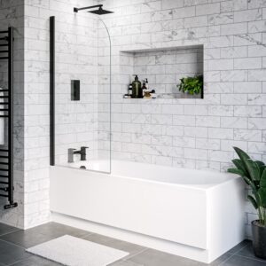 Single Ended Shower Bath with Front Panel & Black Bath Screen with Towel Rail 1700 x 700mm - Alton