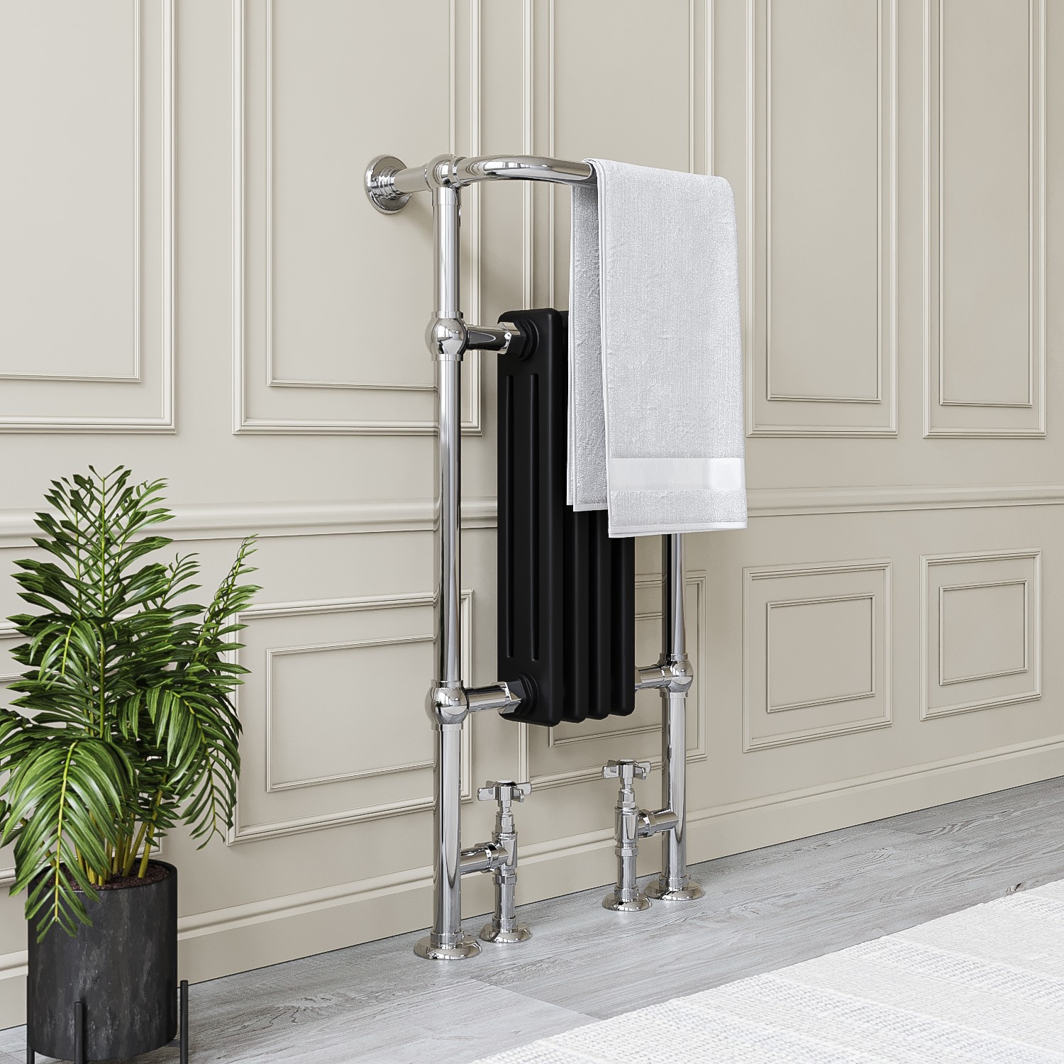 Black and Chrome Traditional Column Radiator with Towel Rail 952 x 479mm - Regent - Image 2
