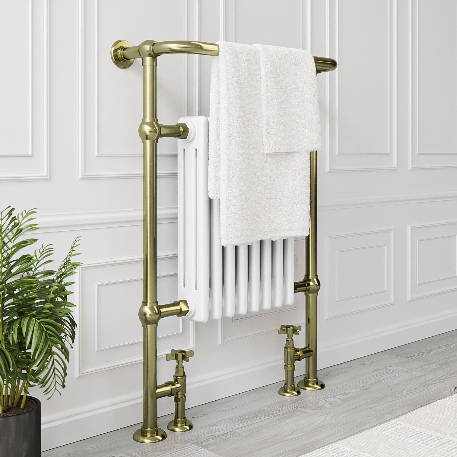 White and Brass Traditional Column Radiator with Towel Rail 952 x 659mm - Regent - Image 2