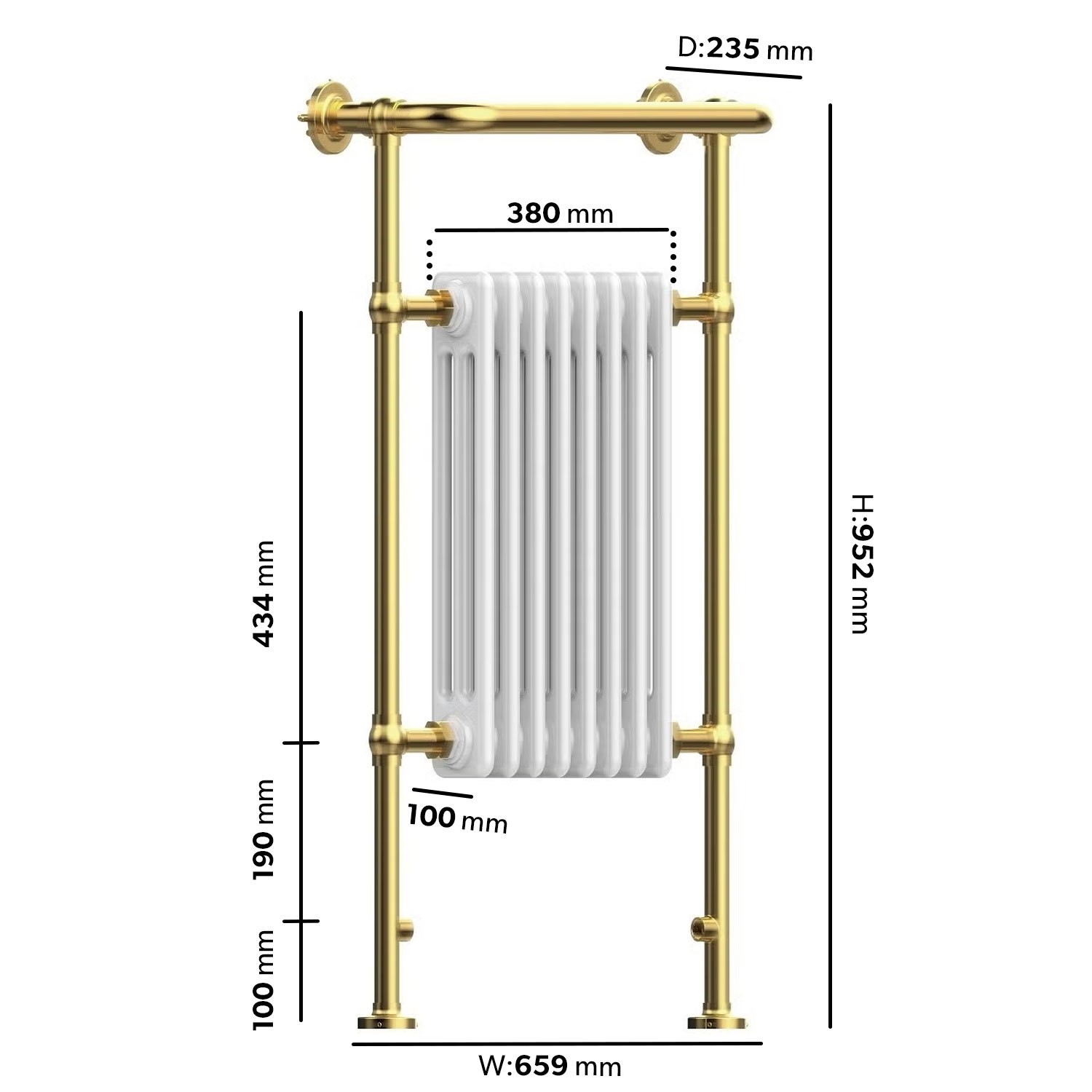 White and Brass Traditional Column Radiator with Towel Rail 952 x 659mm - Regent - Image 4
