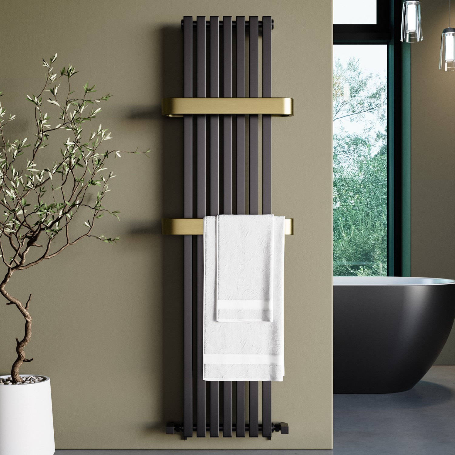 Gunmetal Vertical Single Panel Radiator with Brass Towel Bars 1600 x 500mm - Iraya - Image 2