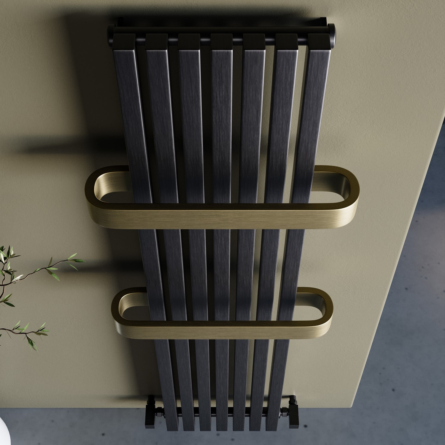 Gunmetal Vertical Single Panel Radiator with Brass Towel Bars 1600 x 500mm - Iraya - Image 3