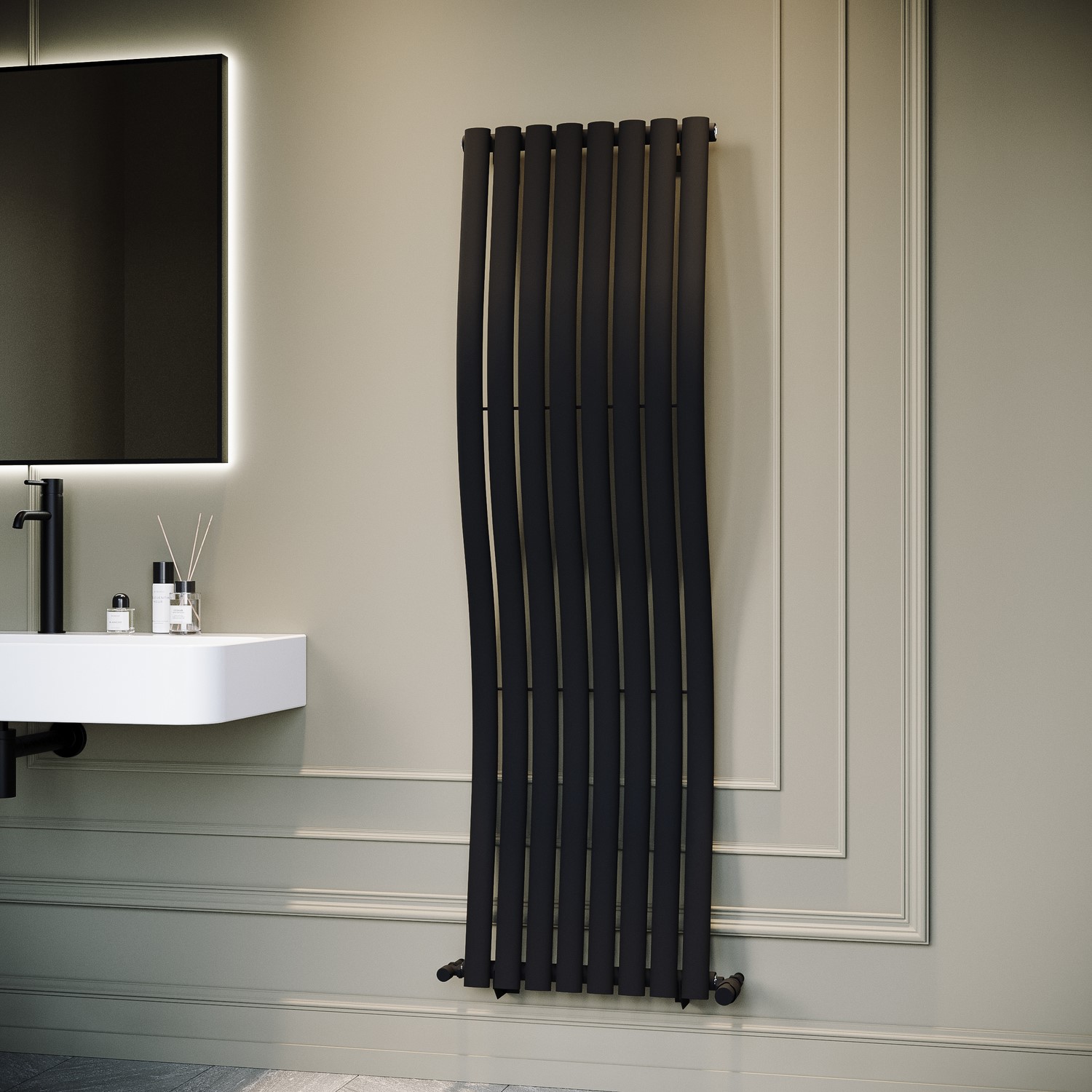 Black Vertical Wave Designer Single Panel Radiator 1600 x 470mm - Opala - Image 2