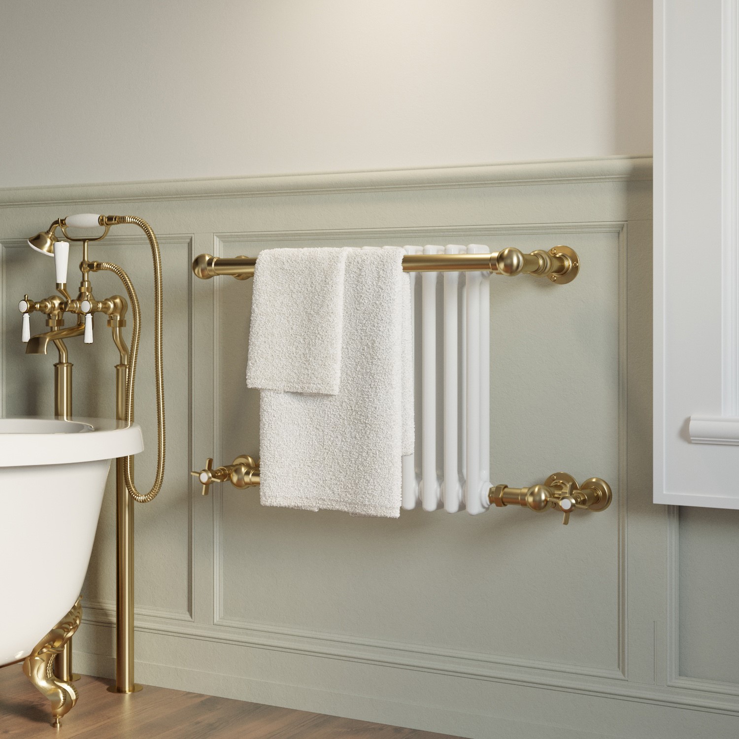 White and Brass Traditional Column Radiator with Towel Rail 510 x 740mm - Regent - Image 2