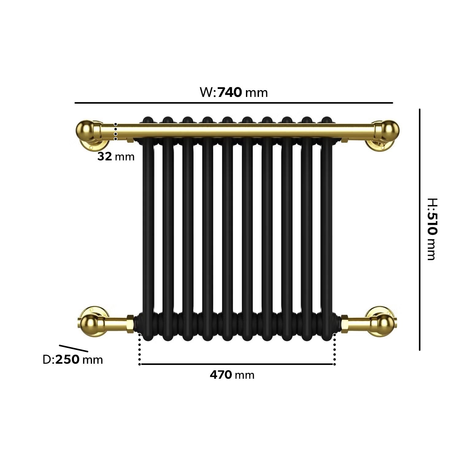 Black and Brass Traditional Column Radiator with Towel Rail 510 x 740mm - Regent - Image 5