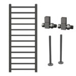 Gunmetal Grey Towel Radiator 1200 x 500mm with Pipe Kit and Straight Valves - Sonoran