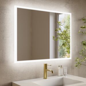Rectangular Heated Bathroom Mirror with Lights Shaver Socket & Bluetooth Speaker 1000 x 700mm - Divine