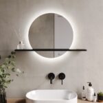 Round Backlit Heated Bathroom Mirror with Lights & Black Shelf 500mm - Ersa