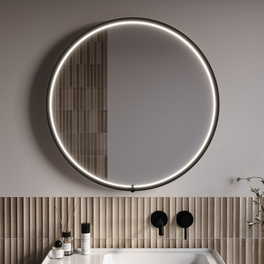 Round Black Heated Bathroom Mirror with Lights 800mm - Nyx