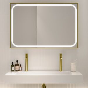 Rectangular Brass Heated Bathroom Mirror with Lights 1200 x 800mm - Rhea