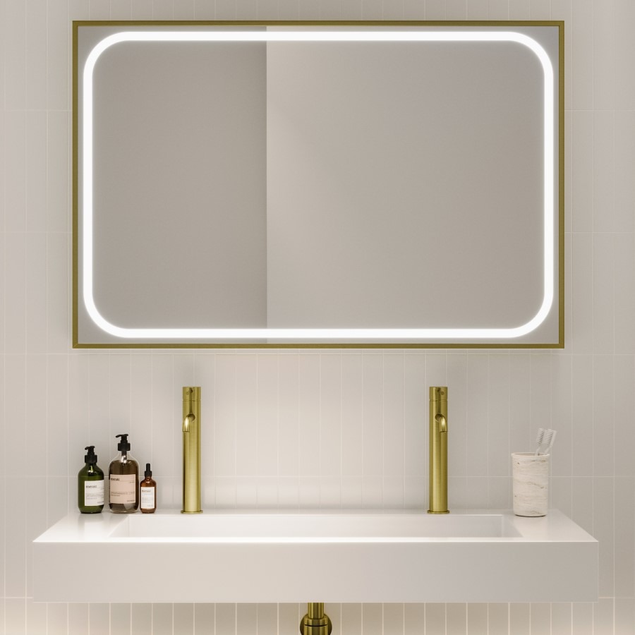 Rectangular Brass Heated Bathroom Mirror with Lights 1200 x 800mm - Rhea
