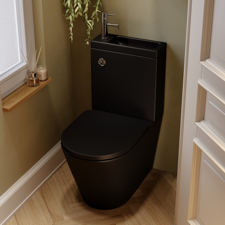 Matt Black Close Coupled Closed Back Toilet with Sink on Top & Chrome Fittings Cloakroom Suite - Legend - Image 2