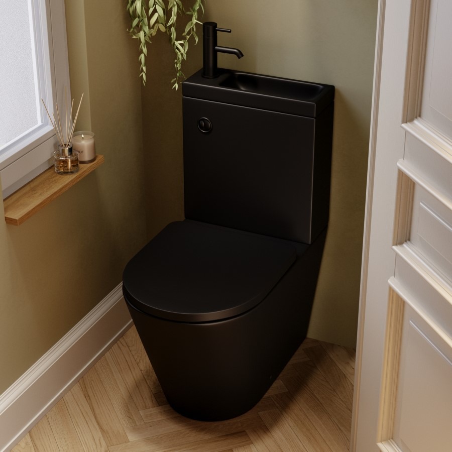 Matt Black Close Coupled Closed Back Toilet with Sink on Top & Black Fittings Cloakroom Suite - Legend - Image 2