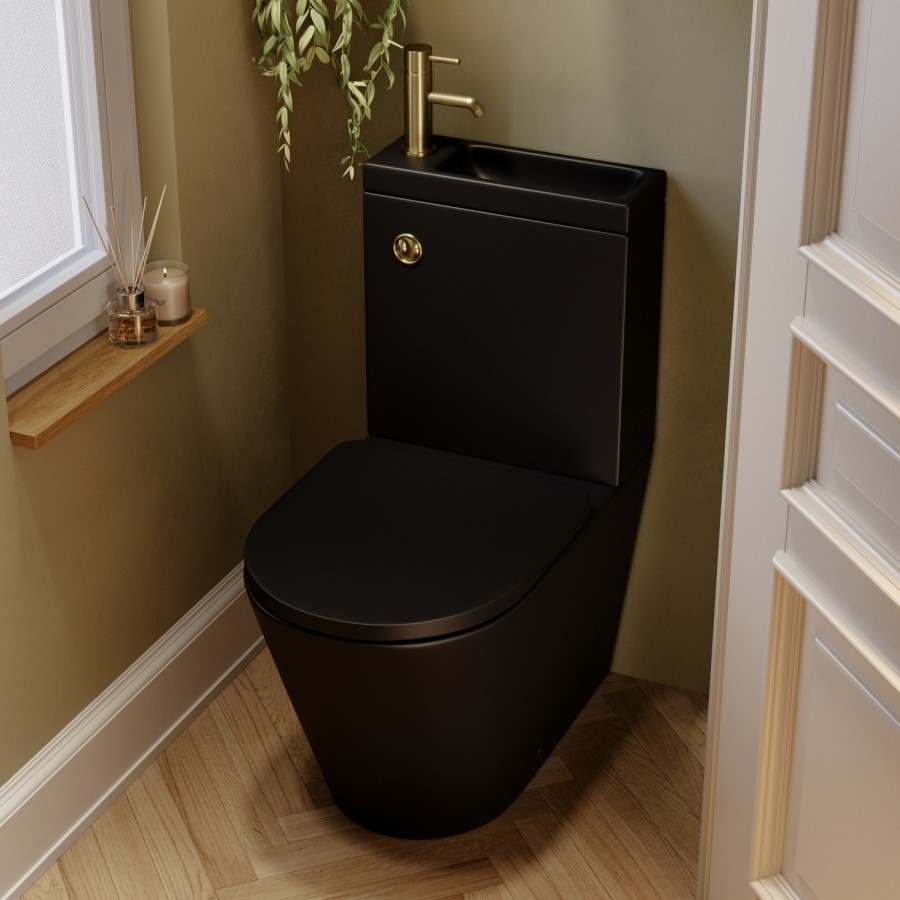 Matt Black Close Coupled Closed Back Toilet with Sink on Top & Brass Fittings Cloakroom Suite - Legend - Image 2