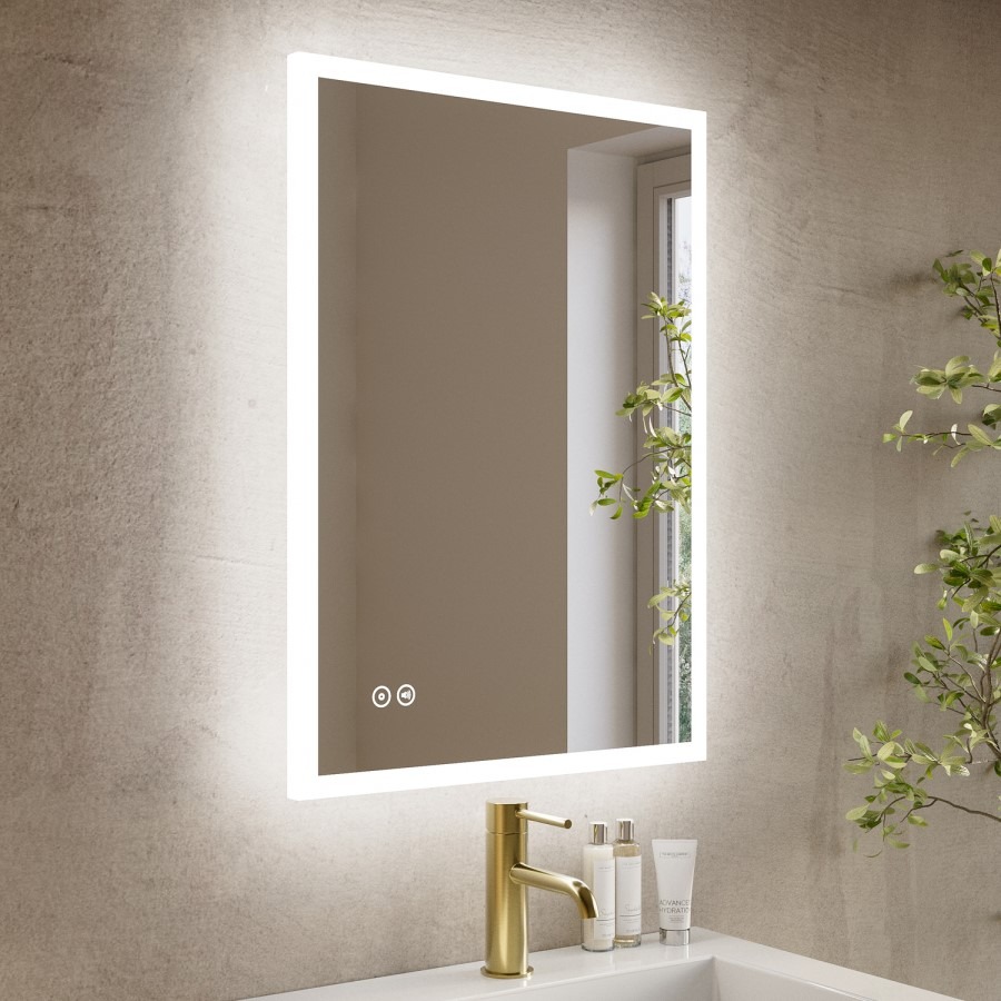 Rectangular Heated Bathroom Mirror with Lights Shaver Socket & Bluetooth Speaker 700 x 500mm - Divine - Image 2
