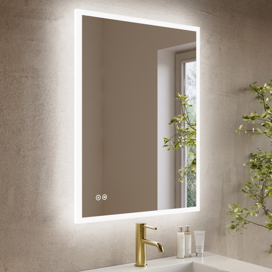 Rectangular Heated Bathroom Mirror with Lights Shaver Socket & Bluetooth Speaker 800 x 600mm - Divine - Image 2