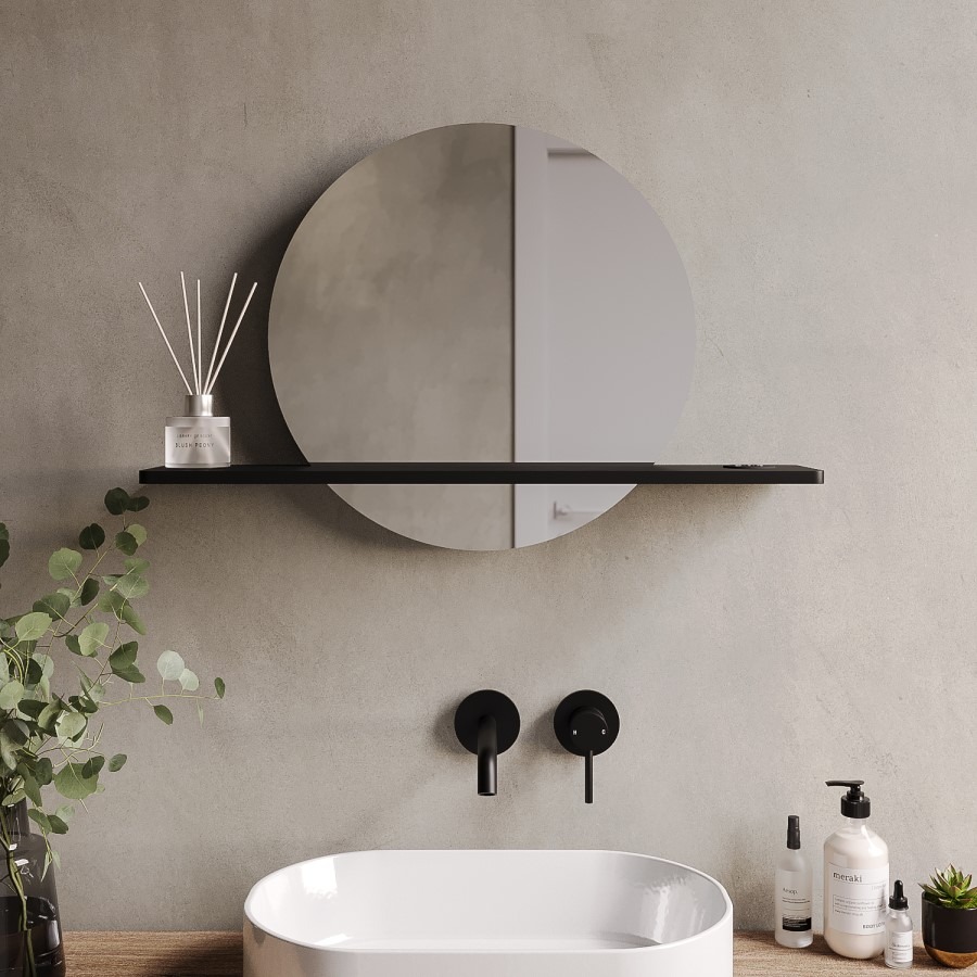 Round Backlit Heated Bathroom Mirror with Lights & Black Shelf 500mm - Ersa - Image 2