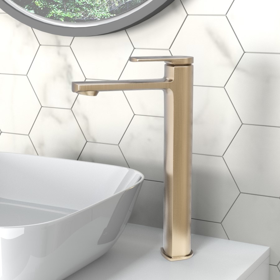 Brushed Brass Tall Mono Basin Mixer Tap - Meko - Image 2