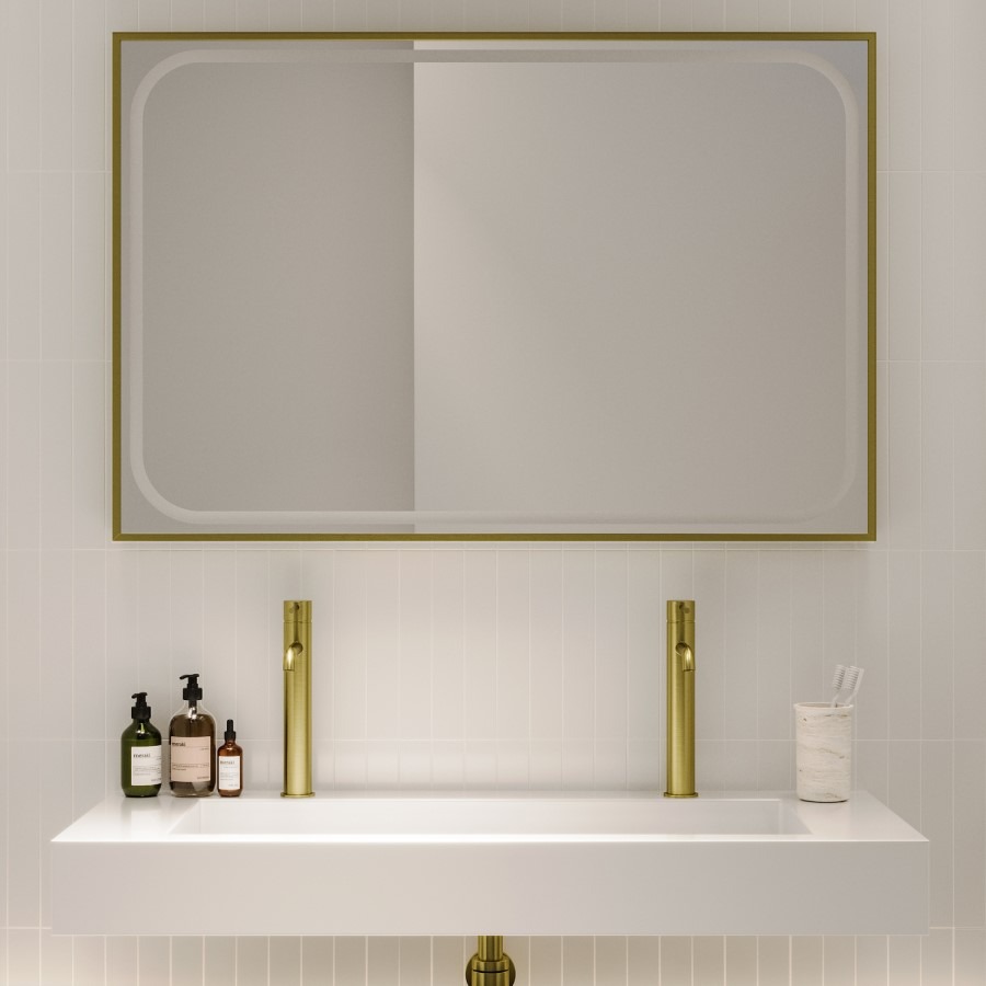 Rectangular Brass Heated Bathroom Mirror with Lights 1200 x 800mm - Rhea - Image 2