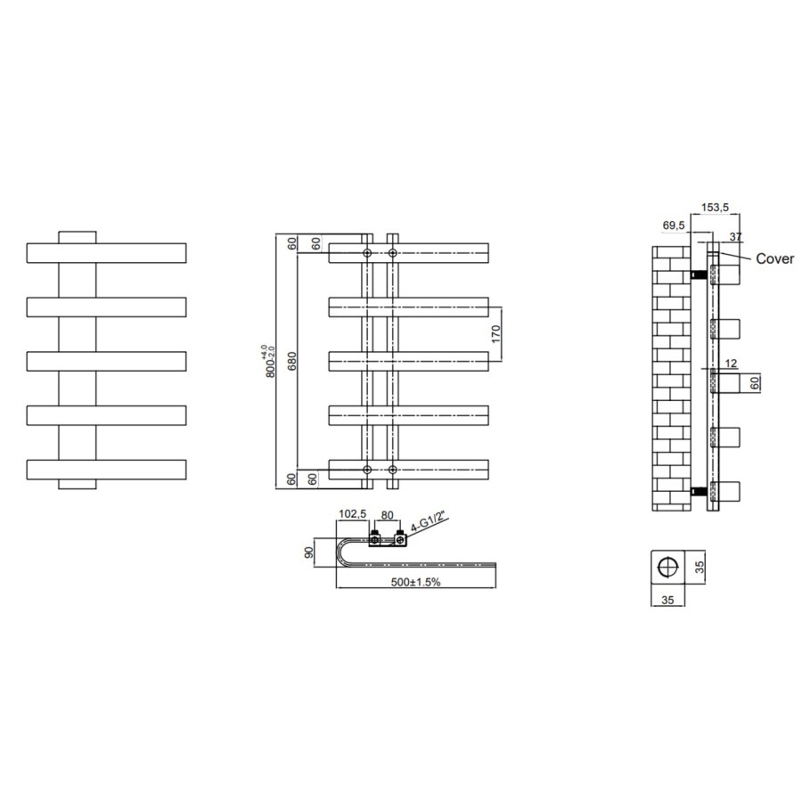 Reina Panaro Gunmetal Designer Towel Radiator - 800 x 500mm - Image 2