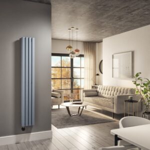 Light Grey Vertical Smart Electric Radiator with Wi-Fi Thermostat - 1200W - Double Panel H1600xW236mm - Bathroom Safe