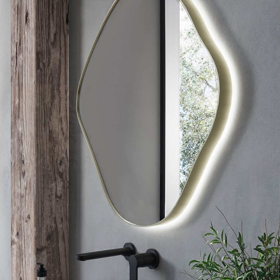 Pebble Brass Backlit Heated Bathroom Mirror with Lights 760 x 800mm - Aster - Image 3