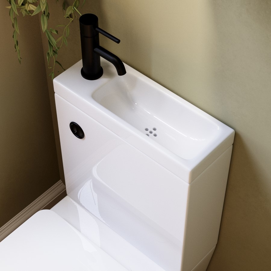 Close Coupled Closed Back Toilet with Sink on Top & Black Fittings Cloakroom Suite - Legend - Image 3