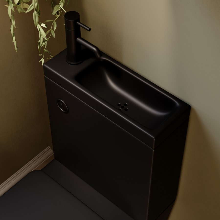 Matt Black Close Coupled Closed Back Toilet with Sink on Top & Black Fittings Cloakroom Suite - Legend - Image 3