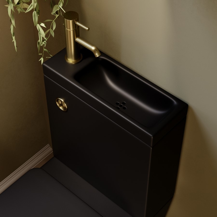 Matt Black Close Coupled Closed Back Toilet with Sink on Top & Brass Fittings Cloakroom Suite - Legend - Image 3