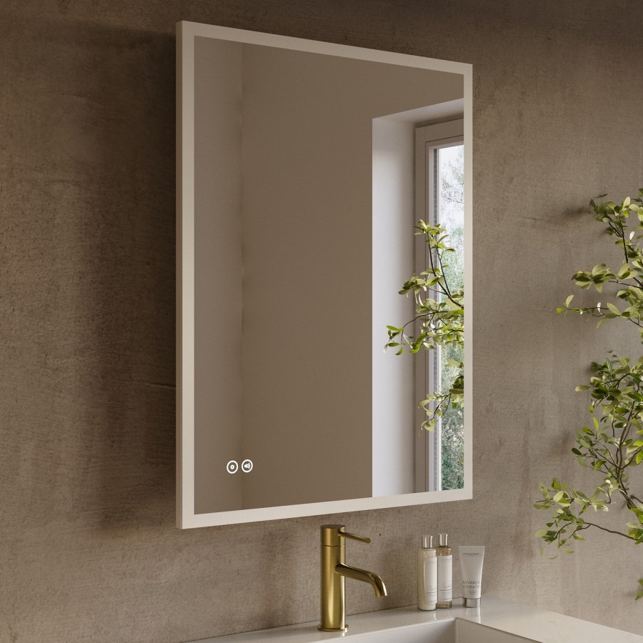 Rectangular Heated Bathroom Mirror with Lights Shaver Socket & Bluetooth Speaker 800 x 600mm - Divine - Image 3