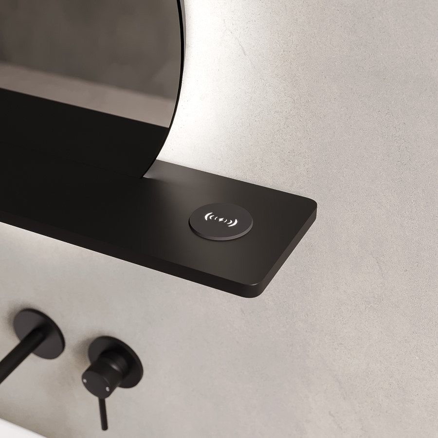Round Backlit Heated Bathroom Mirror with Lights & Black Shelf 500mm - Ersa - Image 3