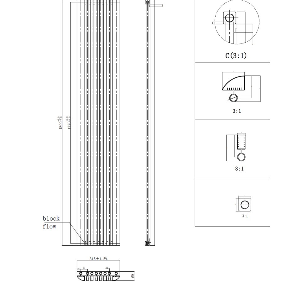White Vertical Single Panel Corner Traditional Radiator 1800 x 315mm – Aster - Image 4