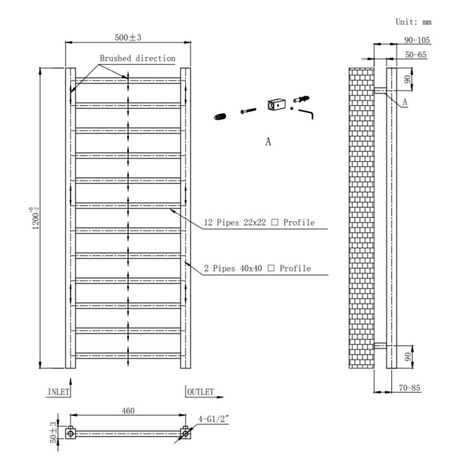 Gunmetal Grey Towel Radiator 1200 x 500mm - Sonoran - Image 4