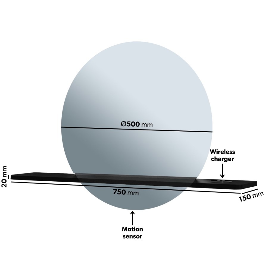 Round Backlit Heated Bathroom Mirror with Lights & Black Shelf 500mm - Ersa - Image 4